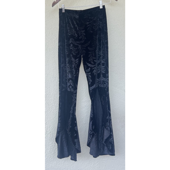Black Crushed Velvet Bell Bottom Pants Lace Whimsigoth Wednesday Vamp Size Small